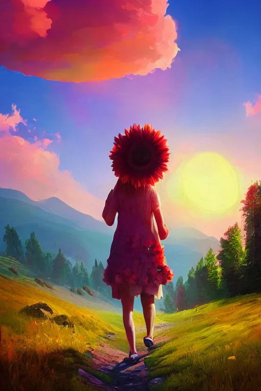 Image similar to giant daisy flower head, girl walking in the mountains, surreal photography, sunrise, dramatic light, impressionist painting, colorful clouds, digital painting, artstation, simon stalenhag