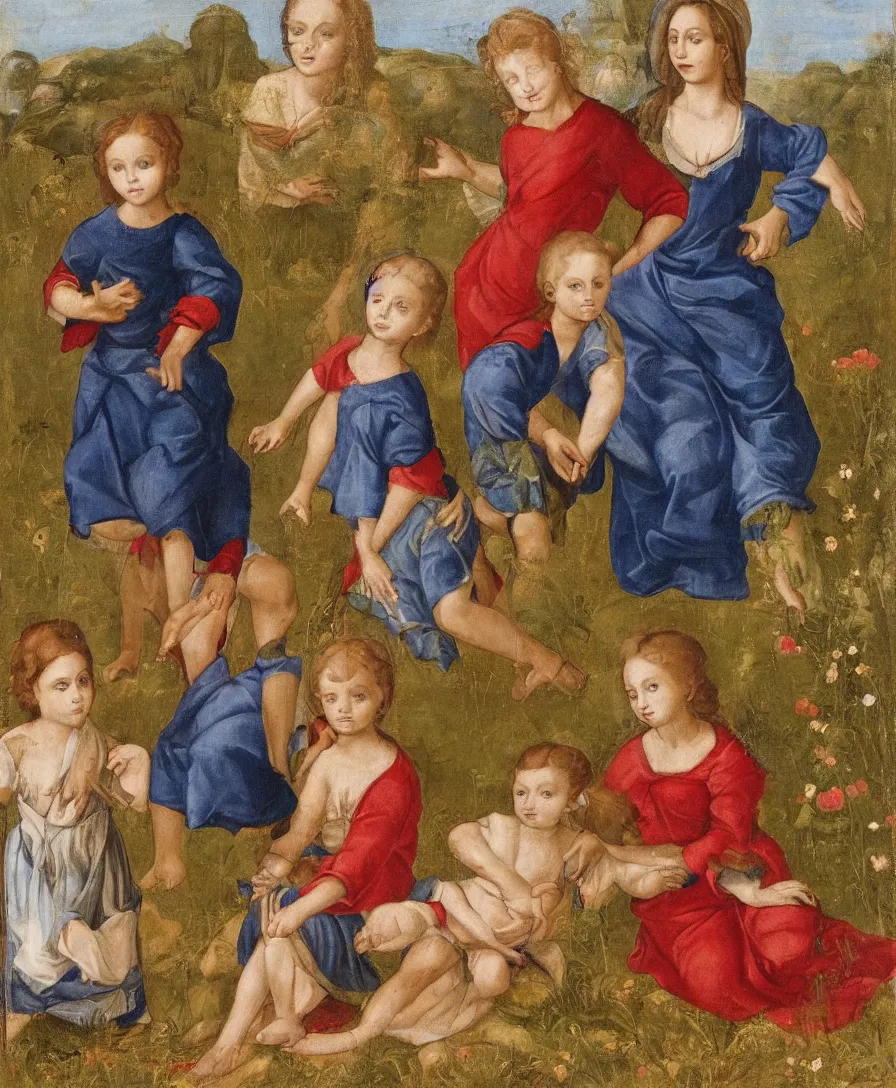 Image similar to Portrait of Madonna. In the Foreground is a Madonna with blue skirt and a red shirt and two boys playing in the style of Raffael. The boys are very small and only clothed with blue linen. They are sitting in a dried out meadow. One boy is playing with a cross. She is holding the other one back. Middleground is empty. On the horizon in the golden ratio, there is a lake with a town and mountains. Flat perspective.