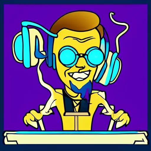 Prompt: svg vector sticker of absolutely insane-mad-scientist-villain, rocking out, wearing headphones, huge speakers, dancing, rave, DJ, spinning records, digital art, amazing composition, rule-of-thirds, award-winning, trending on artstation, featured on deviantart