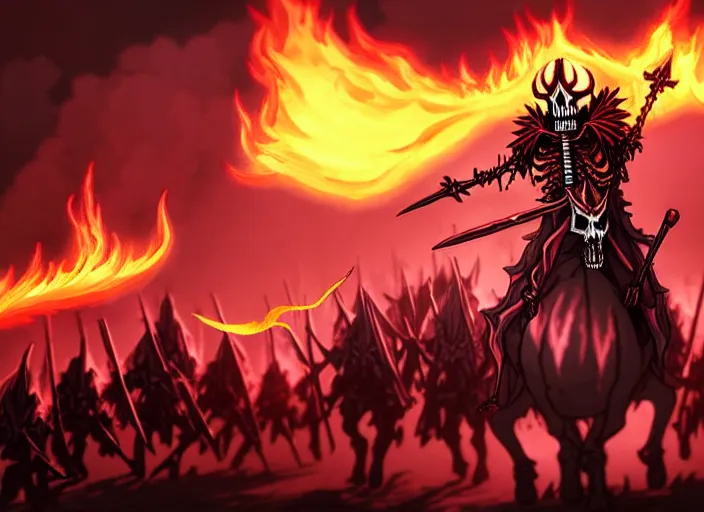 Image similar to ainz ooal gown leading the undead army to battle riding a flaming skeleton horse, art by so - bin