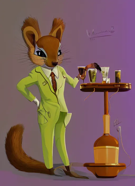 Image similar to squirrel anthro as a dapper bartender with a big fluffy tail, retro futurism, art deco, detailed painterly digital art by Cory Loftis and WLOP, 🐿🍸🍋, furaffinity, trending on artstation