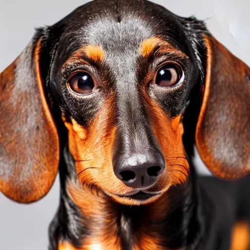 Image similar to photoshoot portrait of a very happy dachshund, with a big smile