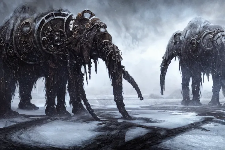 Image similar to a giant steampunk mammoth, post - apocalyptic ice landscape in snowstorm, concept art by hr giger, hyper detailed, unreal engine