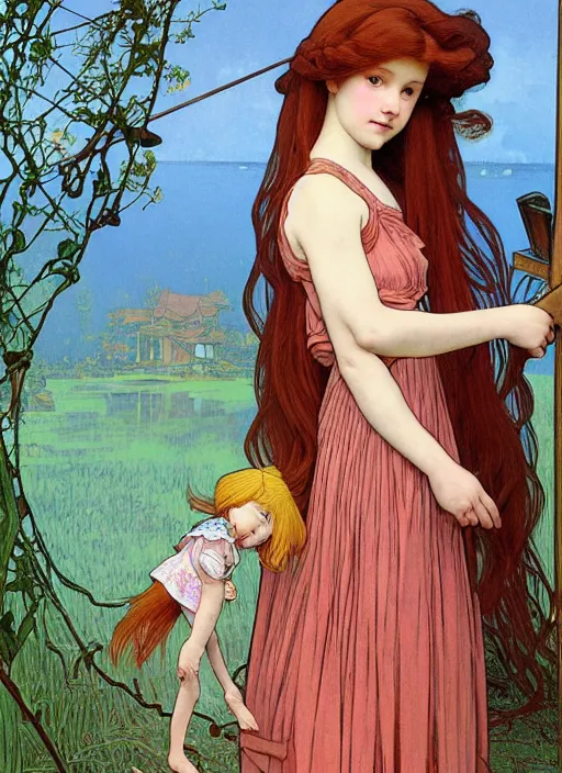 Image similar to young girl resembling alicia vikander with long red hair, wearing a dress, playing with her doll on the wooden floor in an old wooden house, path traced, highly detailed, high quality, digital painting, by studio ghibli and alphonse mucha, leesha hannigan, hidari, art nouveau, chiho aoshima, jules bastien - lepage
