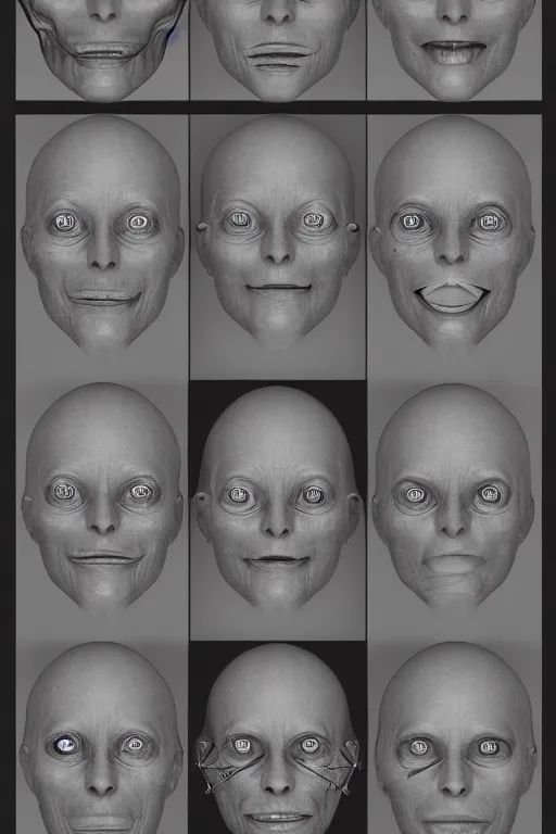 Prompt: french facial anatomy with gunmetal grey skin, medical anatomy, very symmetrical face, highly detailed, three - perspective / three - view reference sheet ( front / back / side ), in the style of dan ouellette, steven jung, amanda lilleston, hr giger, sil from species, dren from splice, mecha, artstation, unreal engine