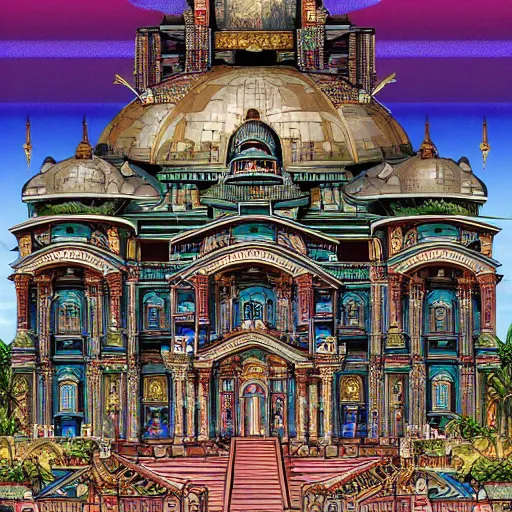 Prompt: the palace of AI, style blend of Eastern Orthodox, Neo-Andean architecture, cyberpunk, and Brutalism, depicted in a mixed style of Möbius, Masamune Shirow, Rafael, neoclassical paintings, and Shepard Fairey, Extremely fine ink lineart