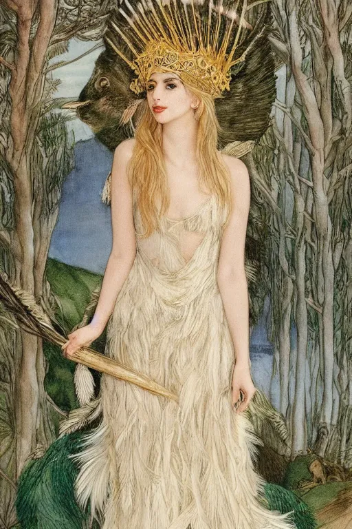 Image similar to blonde emma roberts as a queen of feathers, goddess of the wild, silk dress by rosetti and alan lee