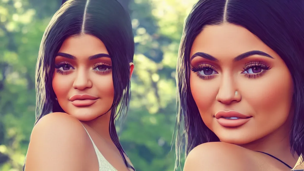 Prompt: photography of kylie Jenner, adorable eyes, cute smile, bright sunny time, serene forest setting, medium shot, mid-shot, highly detailed, trending on Artstation, Unreal Engine 4k