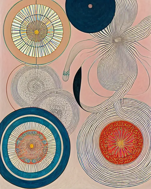 Image similar to blossoming rhythm, imperil, by hilma af klint, moebius, victo ngai, laurie greasly