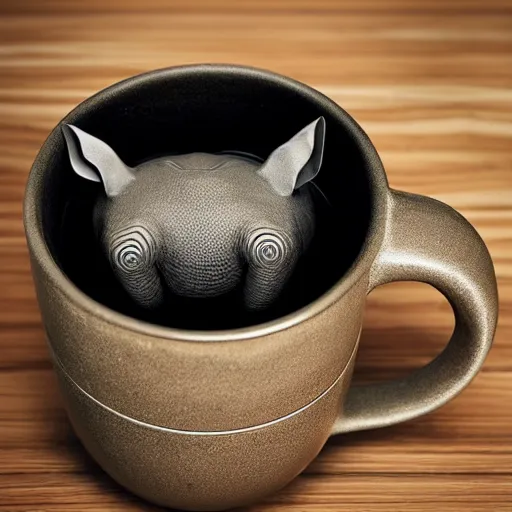 Image similar to a mug with shape of a rhino head, high quality product photography, behance