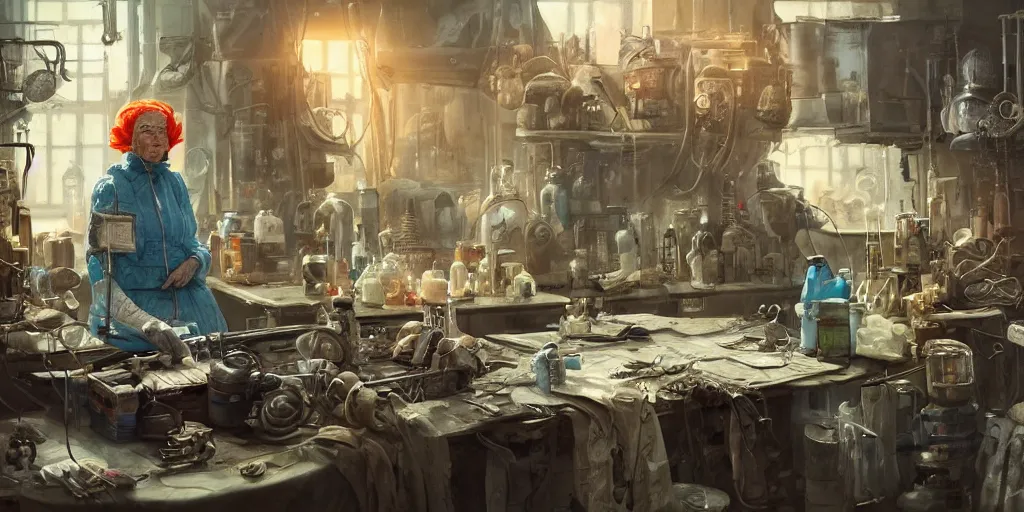 Image similar to an environmental concept art of an elderly russian woman cyberneticist in a cluttered workshop, surgical implements, surgery table, highly detailed, cinematic, dramatic, cyberpunk, dieselpunk, scifi space station, horror, bladerunner 2 0 4 9