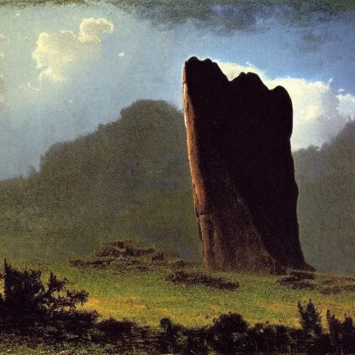 Prompt: a dark monolith in a natural landscape, bierstadt style
