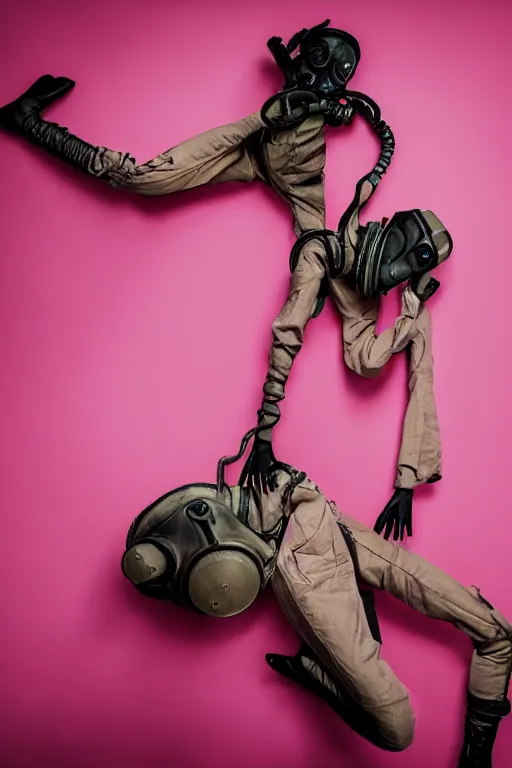 Image similar to a surreal portrait of intertwined and contorted figures wearing gas mask next to a pink wall in the style of brooke didonato, editorial fashion photography from vogue magazine, full shot, nikon d 8 1 0, ƒ / 2. 5, focal length : 8 5. 0 mm, exposure time : 1 / 8 0 0, iso : 2 0 0