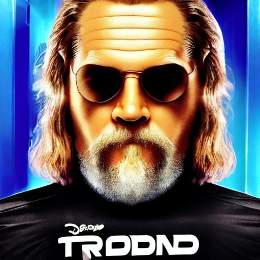 Image similar to dude lebowski played by jeff bridges ( accurate facial proportions ), in tron world, photorealistic movie still, detailed 8 k, poster style, high resolution