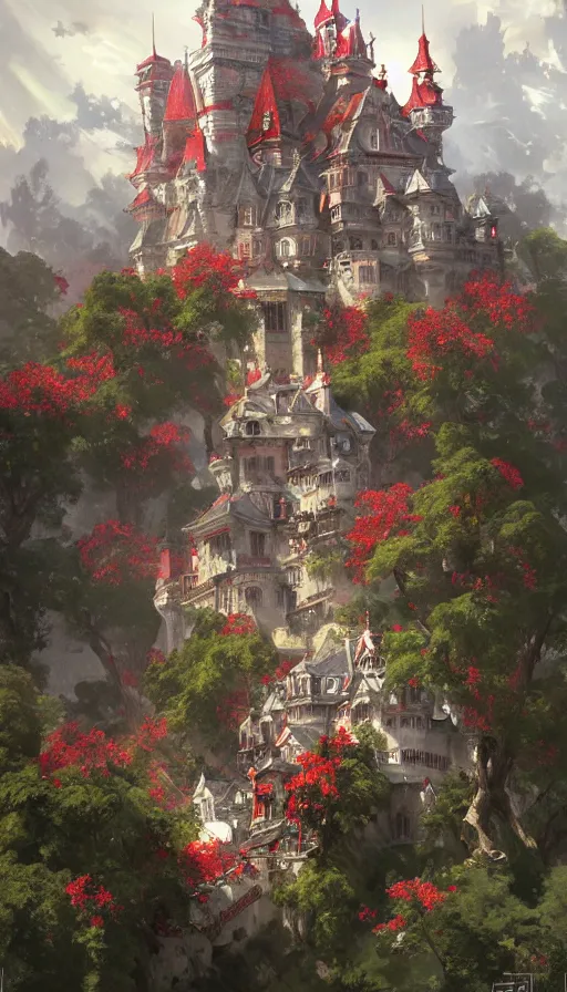 Image similar to castle seen from the sky being attacked by huge red army, cyberpunk, design on white background, beautiful details, lush foliage, drawn by john singer sargent, tom bagshaw, norman rockwell, alphonso mucha, lolish, trending on artstation