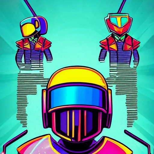 Prompt: shovel knight as daft punk, Aaron Campbell behance, synthwave background,4k, colorful, digital art