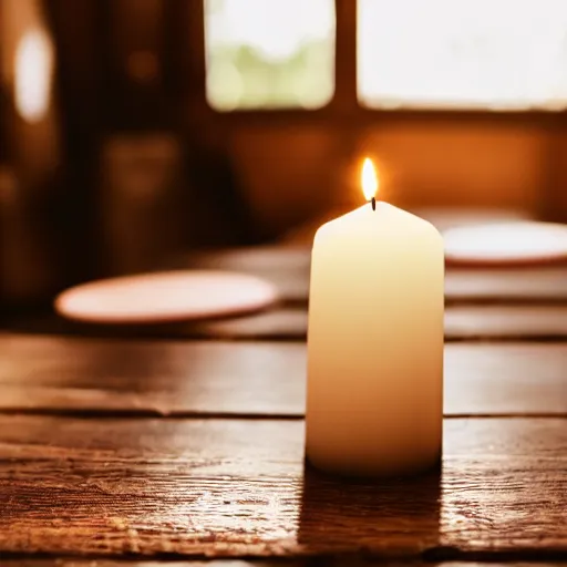 Prompt: a white candle on a wooden table. cool lighting