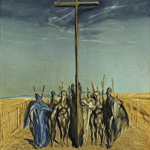 Image similar to A Holy Week procession of four souls in a Spanish landscape at night. A figure at the front holds a cross. El Greco, Remedios Varo, Salvador Dali, Carl Gustav Carus, John Atkinson Grimshaw. Blue tint.