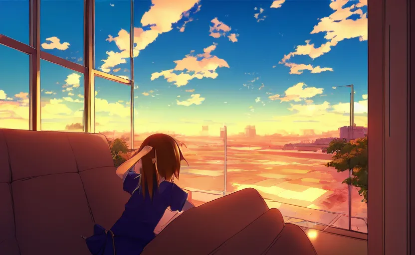 Image similar to anime girl looks out the window at the sunset over megopolis, anime scenery by Makoto Shinkai, digital art