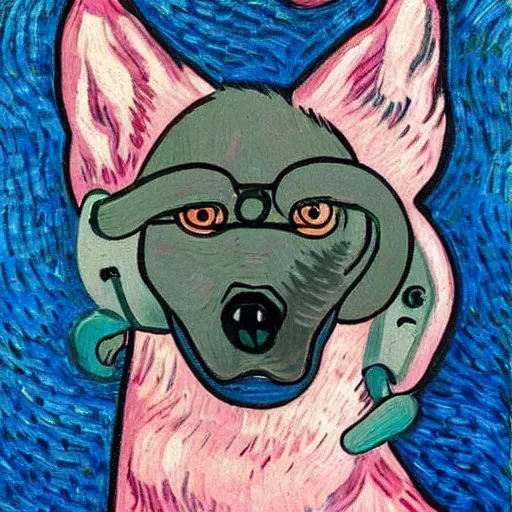 Image similar to retarded wolf portrait, van gogh style, pink headphones