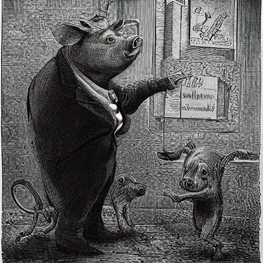 Image similar to a pig in a tuxedo, dark, creepy, eerie, petriying, frightening, spine-chilling, horrifying, scaring, harrowing, illustration by Gustave Doré