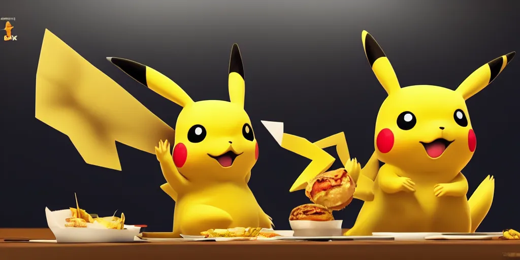 Image similar to a realistic serious Pikachu alone next to a table eating a delicious hamburger, digital art, wide shot, highly detailed, hyperrealistic, photorealistic, unreal engine 5, very detailed, made by a professional 3d artist, dynamic lighting, trending on artstation, 4k uhd, epic composition, masterpiece