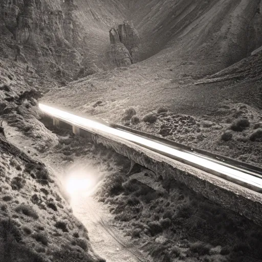 Image similar to photo, a woman in a giant flowing glowing illuminated white dress with an incredibly long train, standing inside a dark western rocky scenic landscape, volumetric lighting