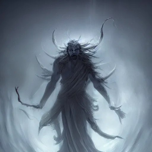 Image similar to grey humanoid wind spirit, epic fantasy style, in the style of Greg Rutkowski, mythology artwork