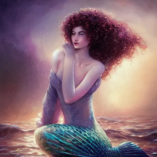 Image similar to beautiful mermaid with curly hair, magical details, magical atmosphere, digital art, concept art, devianart, cinematic lighting, hyper - detailed, cgsociety, 3 - d 8 k, high resolution, in the style of charlie bowater, tom bagshaw, alexis franklin, elena masci, pawel rebisz