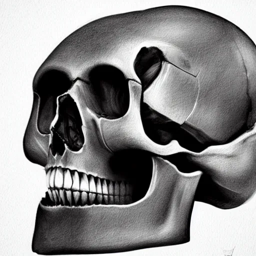 Image similar to cyborg skull crushed on table, digital painting , realistic illustration