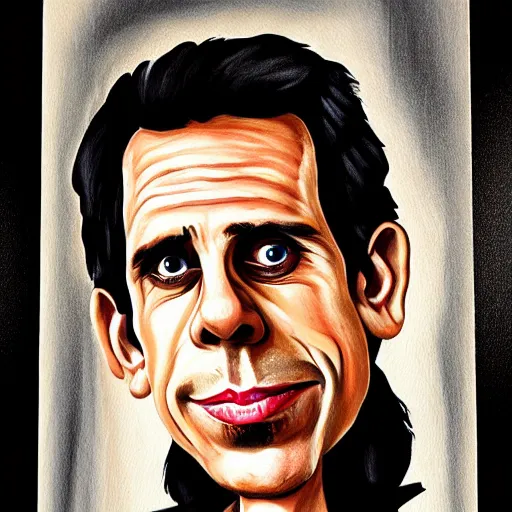 Prompt: modern stylized oil painting caricature of ben stiller, cinematic dramatic lighting