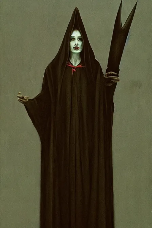 Prompt: a vampire wearing a long black robe with large bat ears and gray sin, character art, painting by zdzisław beksinski