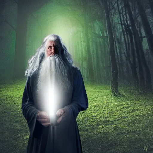 Prompt: Gandalf holding a flashlight in his hand inside a dark forest, digital art