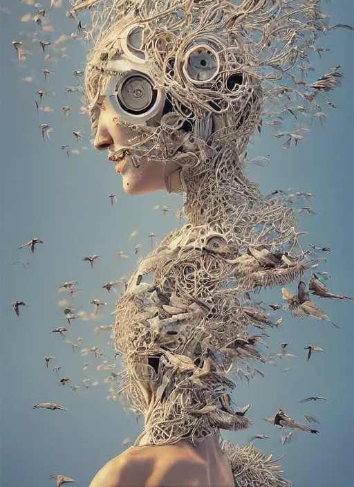 Prompt: a beautiful full body portrait of a robot with a flock of birds, cinematic, intricate linework, photorealism, ellen jewett, alessio albi, artgerm