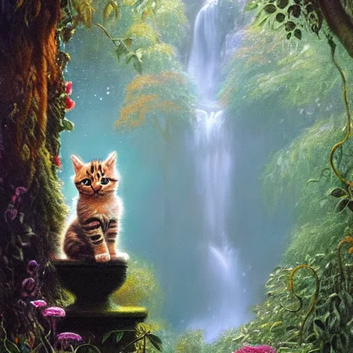 Prompt: painting of one kitten in the enchanted forest standing on the steps and watching the waterfall, fantasy, intricate, extremely detailed, matte, featured in artstation, art by louis wain, greg rutkowski