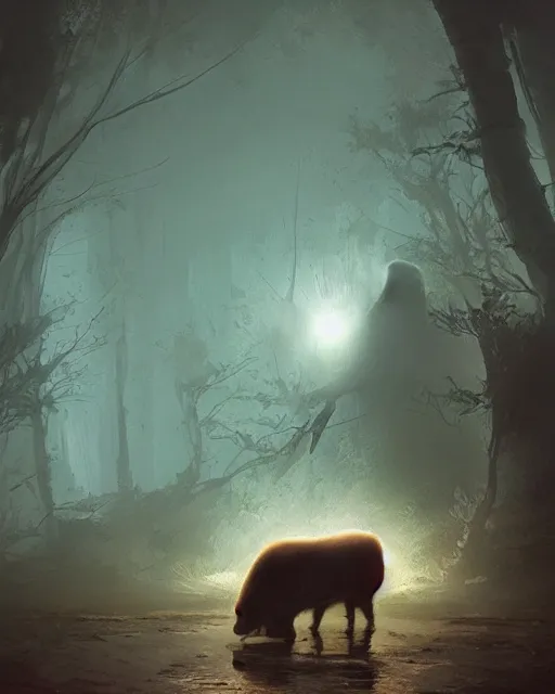 Image similar to white capybara petted by dark vader, surreal photography, volumetric light, impressionist painting, digital painting, artstation, kilian eng, john harris, bastien lecouffe - deharme, simon stalenhag