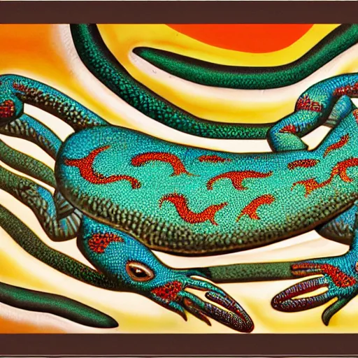 Prompt: australian aboriginal dreamtime lizard mural