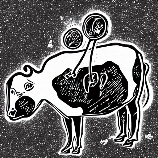 Prompt: alien abducting a cow black and white illustration