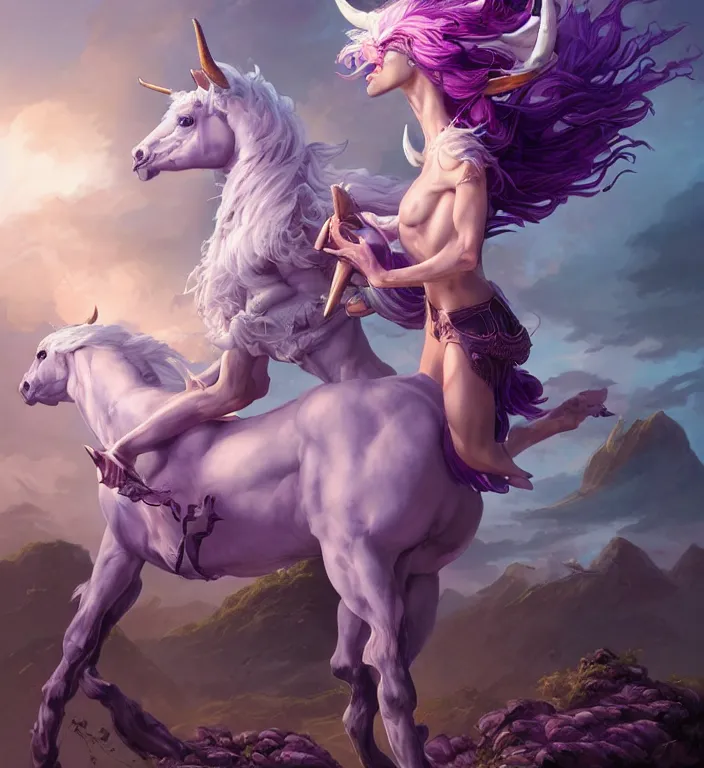 Image similar to a majestic female centaur with white wings and with a horn on the forehead and purple hair and elf ears, backlit, strong rim light, highly detailed, digital painting, by Alvaro Castagnet + Peter Mohrbacher + Dan Mumford + vivid colors + high contrast, 8k resolution, intricate, photorealistic, smooth