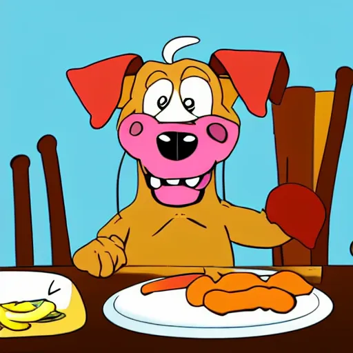 Prompt: dog with buck teeth eating pork chops, looney toon style