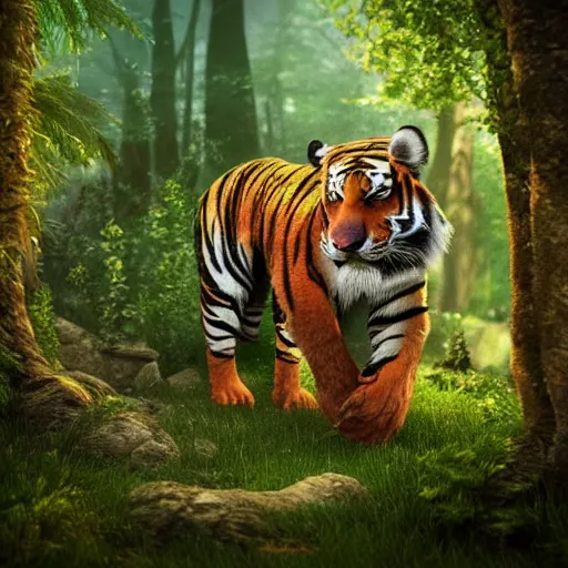 Image similar to fantasy tiger in a forest, landscape, highly detailed, sharp focus, octane render, illustration, 8k, trending on Artstation