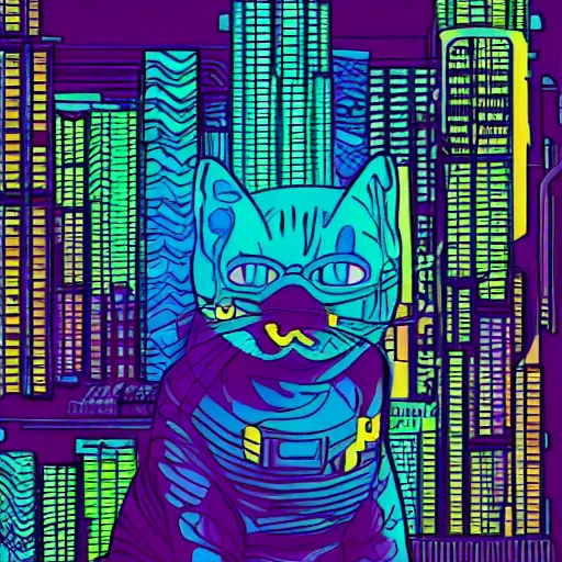 Prompt: a simplified vector based illustration about a cyberpunk kitten, space colors