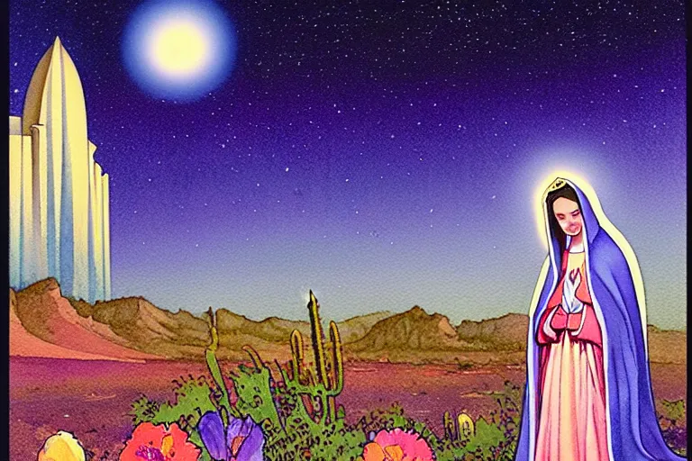 Image similar to a hyperrealist watercolour character concept art portrait of the blessed mother of guadalupe, glowing on well lit night in las vegas, nevada. there is a ufo in the background. desert elements. flowers adorn. beautiful gradients. by rebecca guay, michael kaluta, charles vess and jean moebius giraud