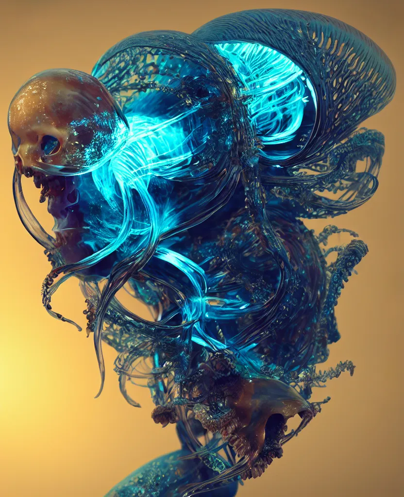 Image similar to goddess close-up portrait animal skull. jellyfish phoenix head, nautilus, orchid, skull, betta fish, bioluminiscent creatures, intricate artwork by Tooth Wu and wlop and beeple. octane render, trending on artstation, greg rutkowski very coherent symmetrical artwork. cinematic, hyper realism, high detail, octane render, 8k