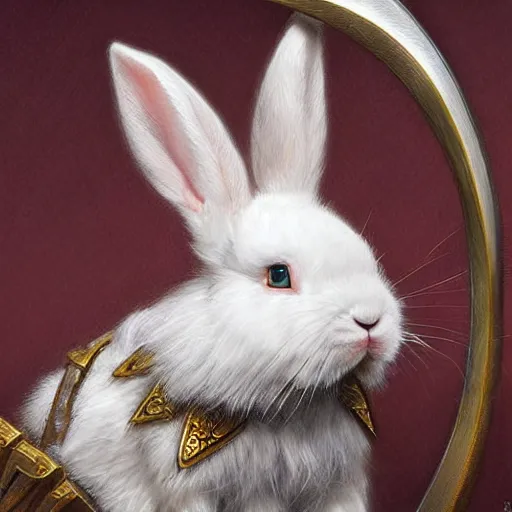 Prompt: White dwarf rabbit as a fantasy D&D character, portrait art by Donato Giancola and James Gurney, digital art, trending on artstation