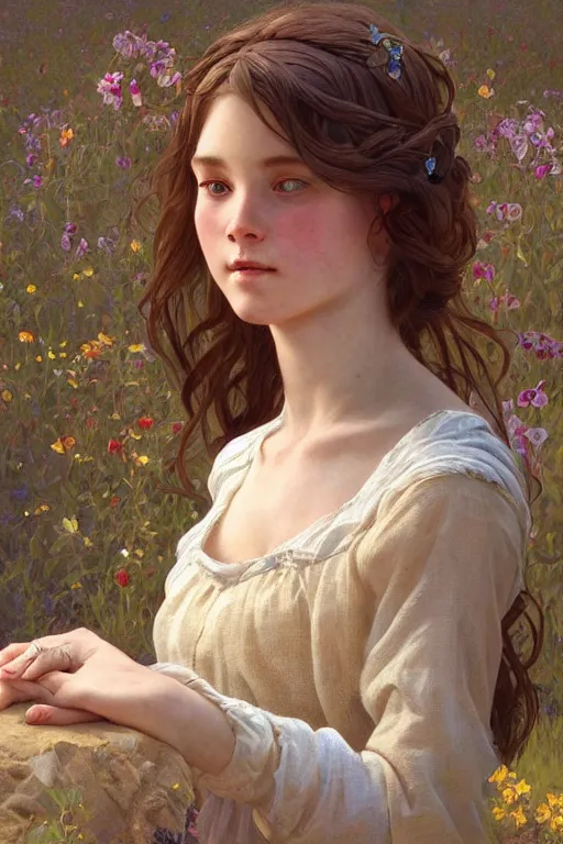 Image similar to beautiful cottagecore young peasant maiden, innocent, intricate, elegant, highly detailed, digital painting, artstation, concept art, smooth, sharp focus, illustration, art by artgerm and greg rutkowski and alphonse mucha