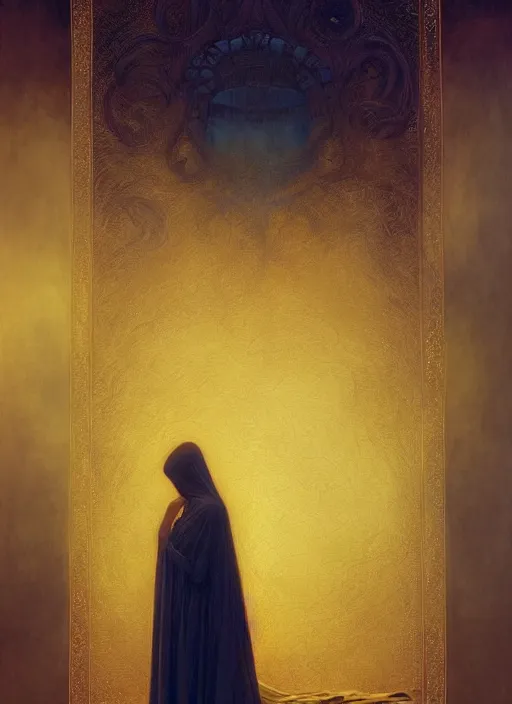 Image similar to a silhouette dressed with a shroud wearing a golden mask, by jean delville and sophie anderson and mandy jurgens, golden ratio, perfect composition, elegant, no crop, extremely detailed, hd, masterpiece, artstation