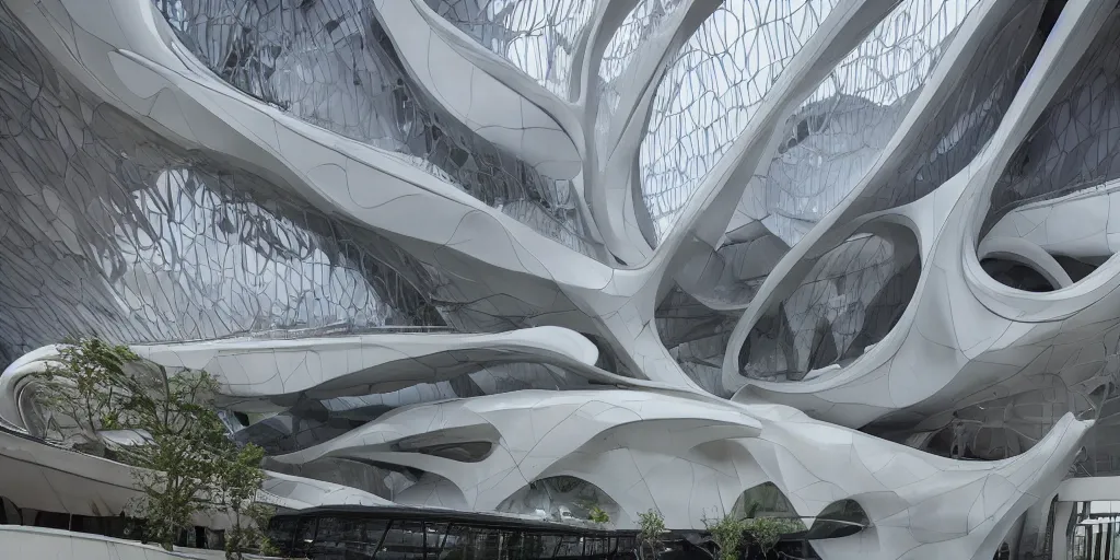 Image similar to extremely detailed ornate stunning beautiful elegant futuristic museum exterior by Zaha Hadid