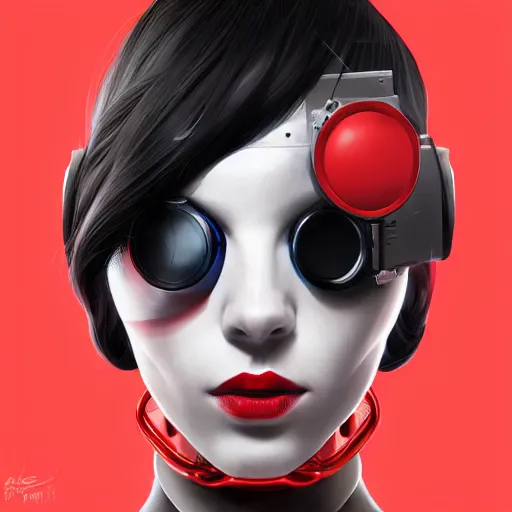 Image similar to Futuristic portrait painting of a cyborg girl with black and red robotic parts, medium shot, asymmetrical, profile picture, Organic Painting, sunny day, Matte Painting, bold shapes, hard edges, street art, trending on artstation, by Huang Guangjian and Gil Elvgren and Sachin Teng