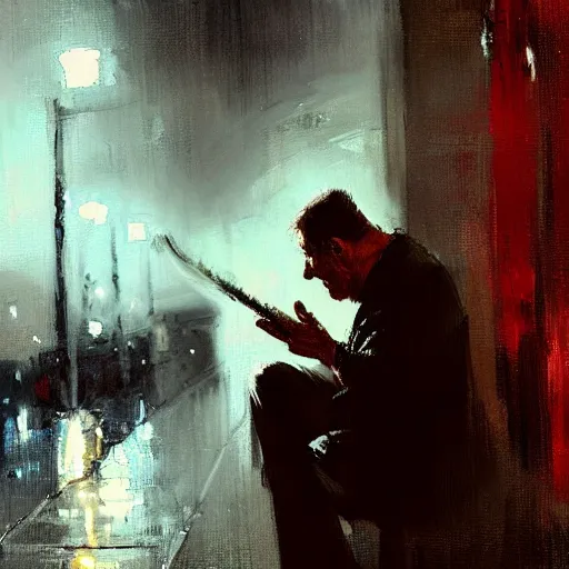 Prompt: lonely old man smoking a cigar, rainy night, painting by jeremy mann